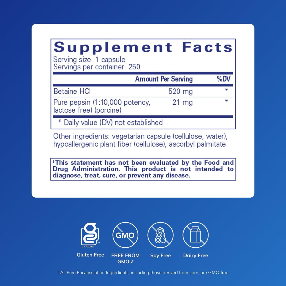 Détail des capsules de Betaine HCl Pepsin de Pure Encapsulations