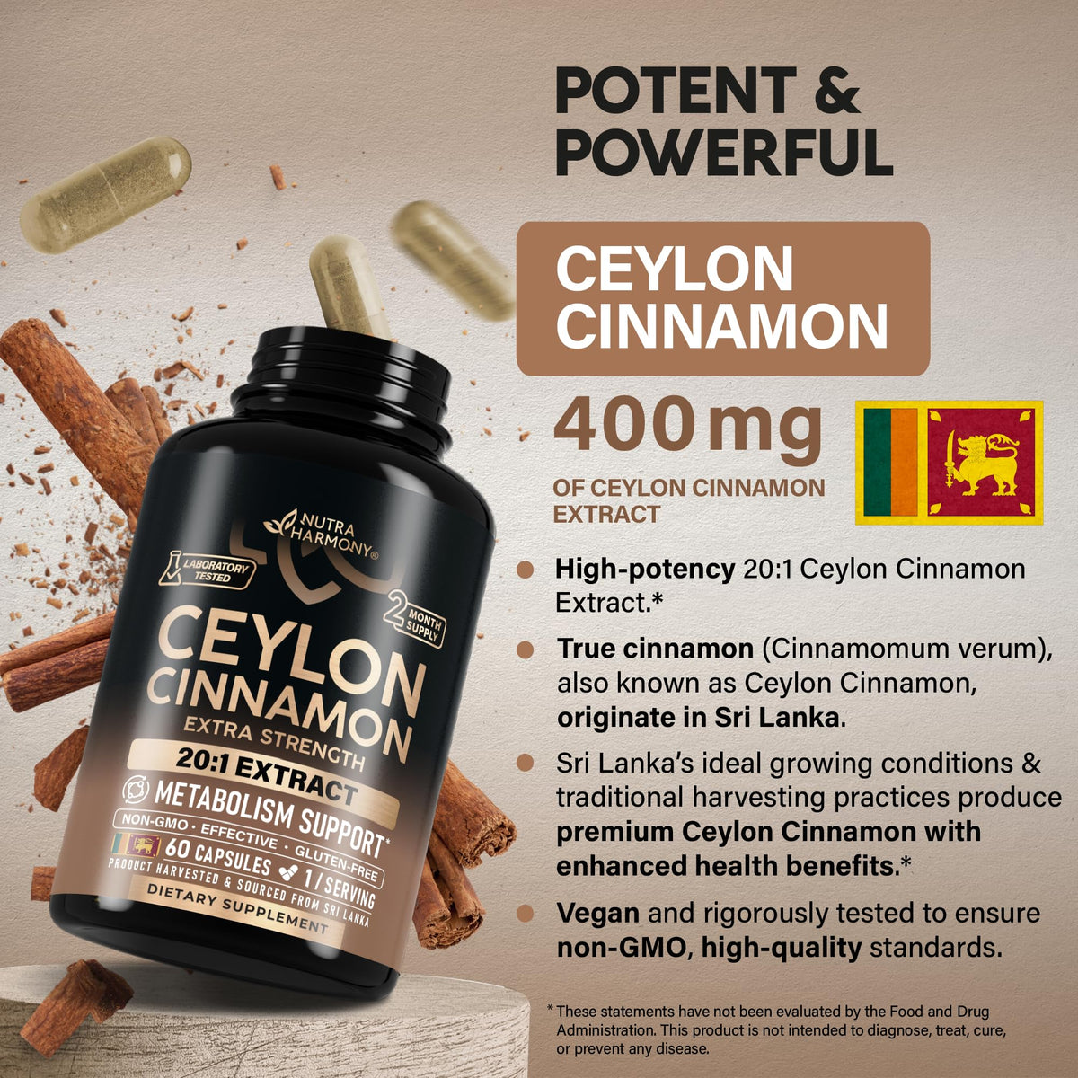 Détail des capsules de cannelle de Ceylan NUTRAHARMONY
