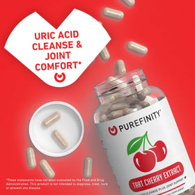 Détail des capsules de cerise PUREFINITY sur fond blanc.