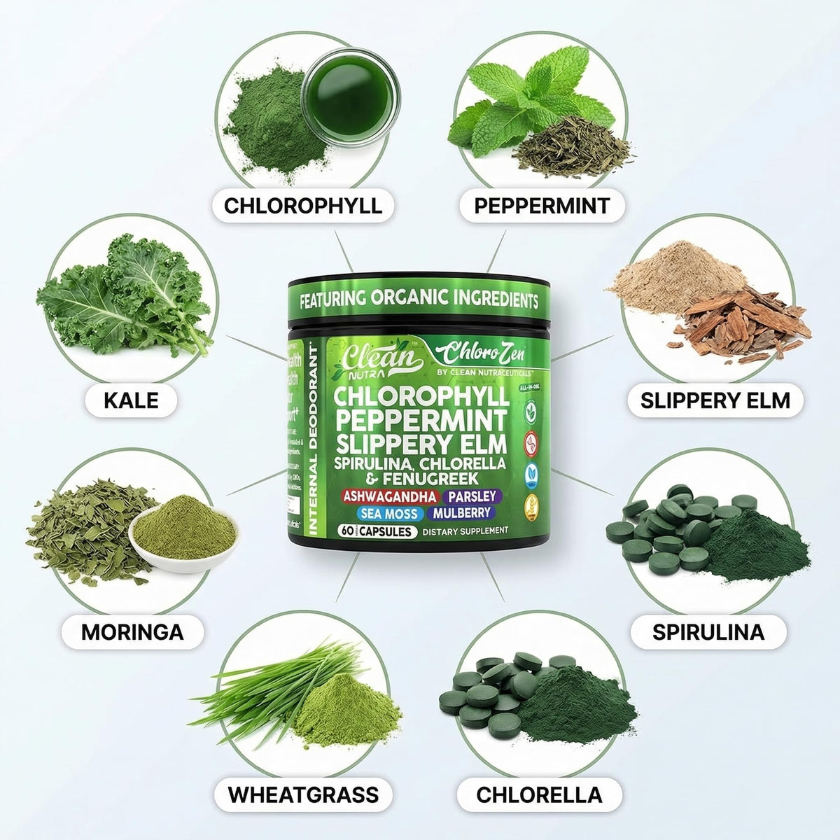 Détail des capsules de chlorophylle avec menthe poivrée