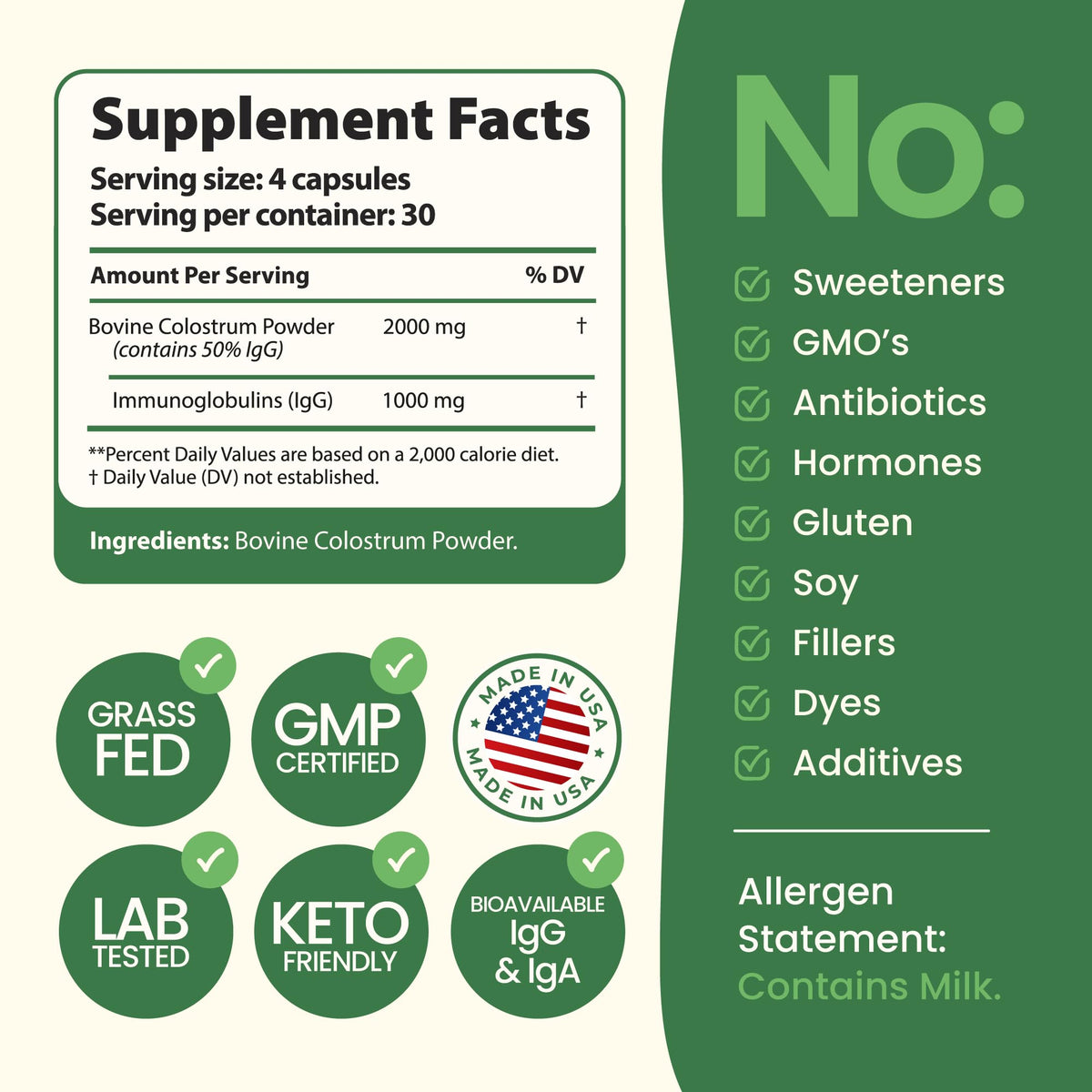 Détail des capsules de colostrum d'ImmergeHealth.com, format sans goût
