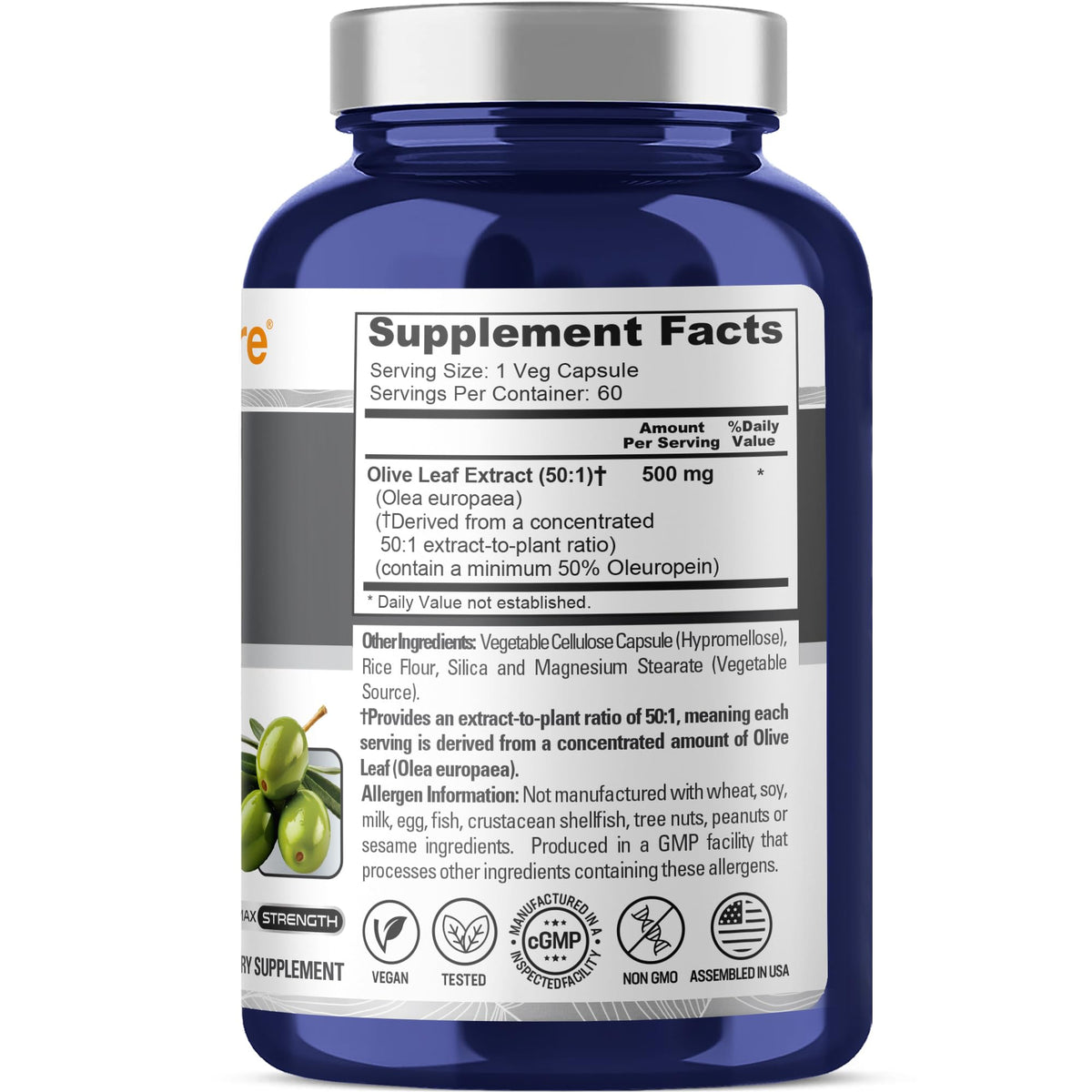 Détail des capsules de feuille d'olive NusaPure 500mg