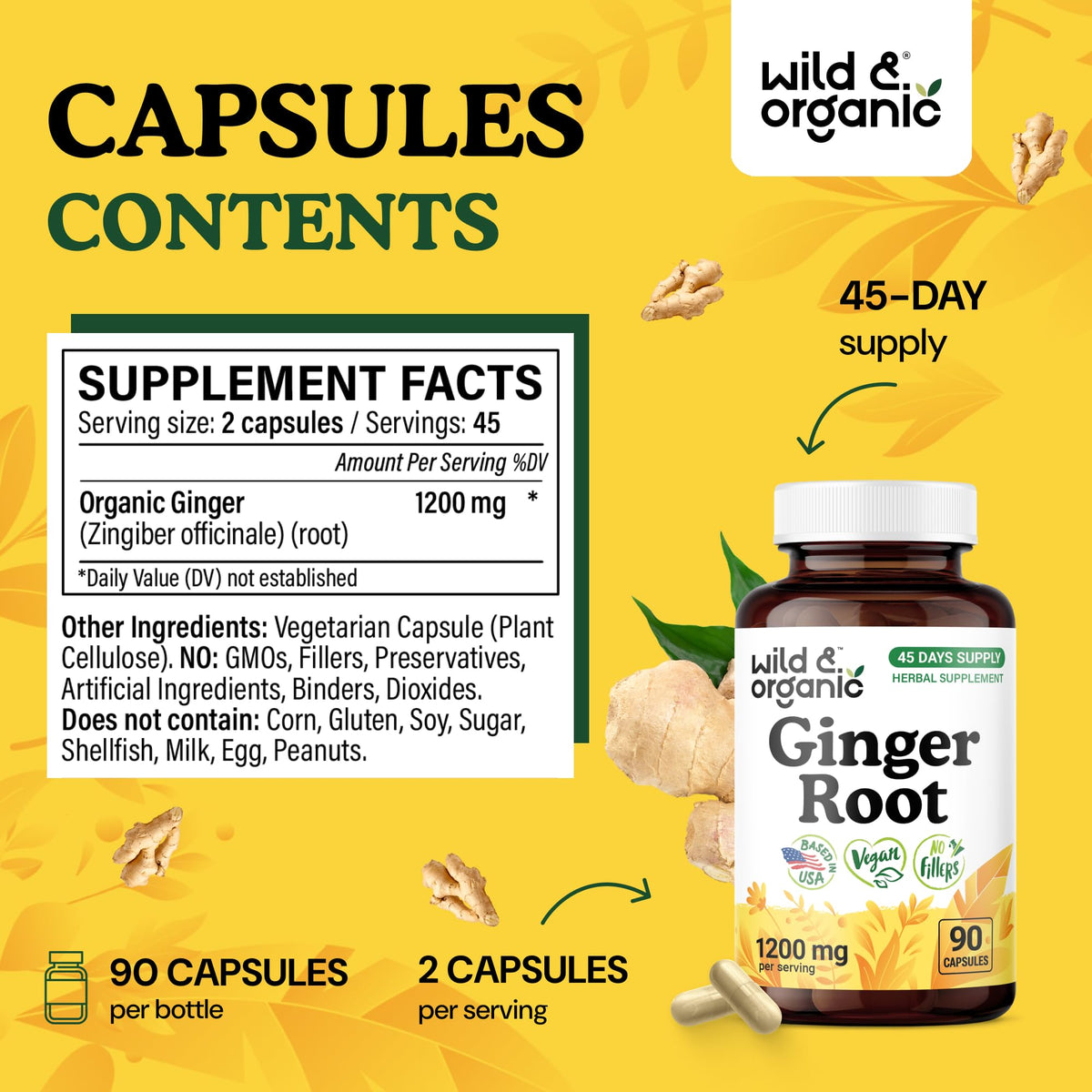 Détail des capsules de gingembre Wild & Organic sur une table