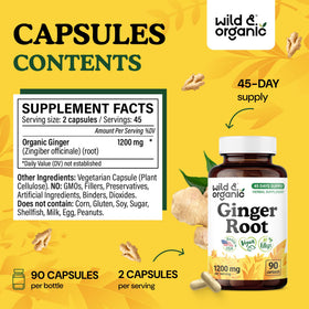Détail des capsules de gingembre Wild & Organic sur une table