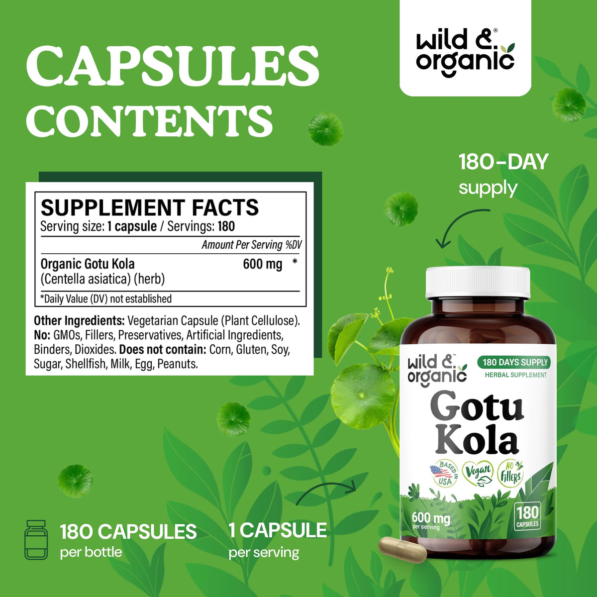 Détail des capsules de Gotu Kola Wild & Organic avec étiquette