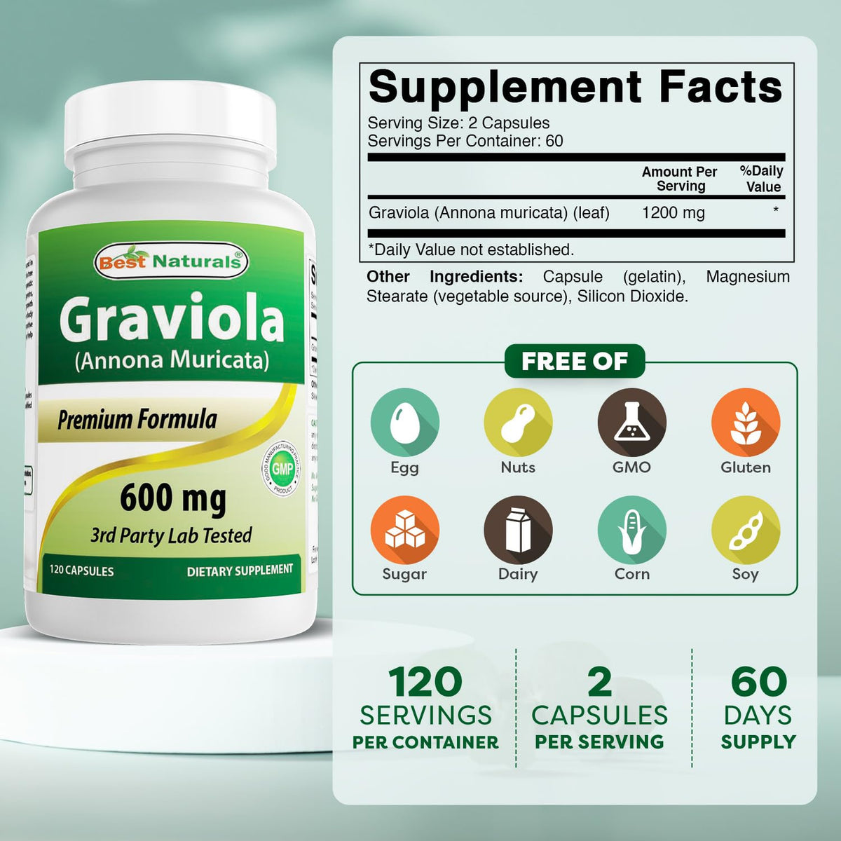 Détail des capsules de Graviola Best Naturals dans le flacon