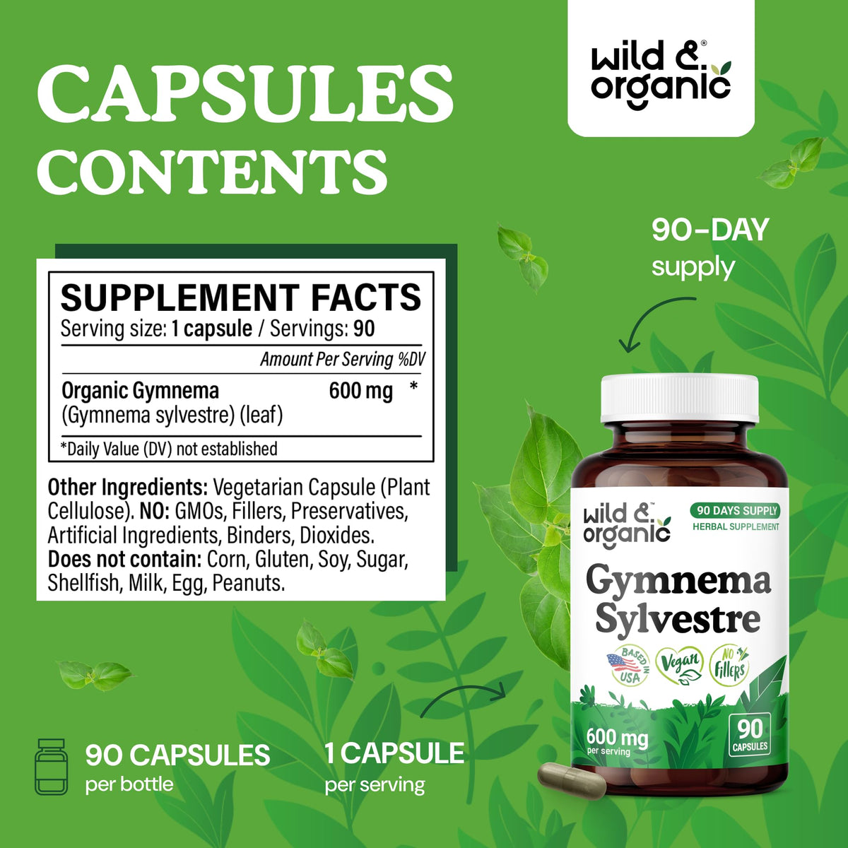 Détail des capsules de gymnema Wild & Organic avec étiquette
