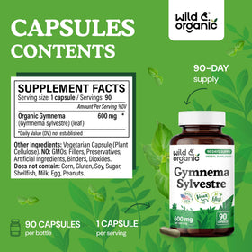 Détail des capsules de gymnema Wild & Organic avec étiquette