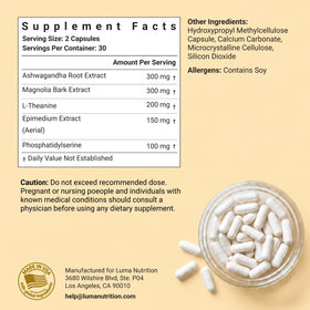 Détail des capsules de Luma Nutrition Complément Cortisol