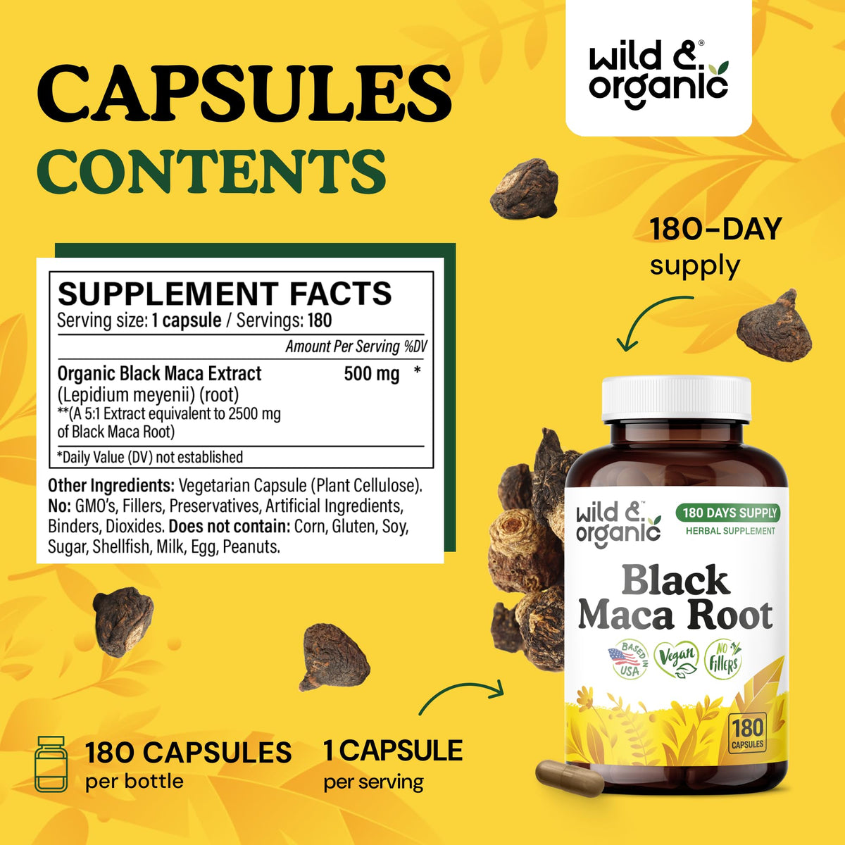 Détail des capsules de maca noire Wild & Organic