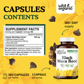 Détail des capsules de maca noire Wild & Organic