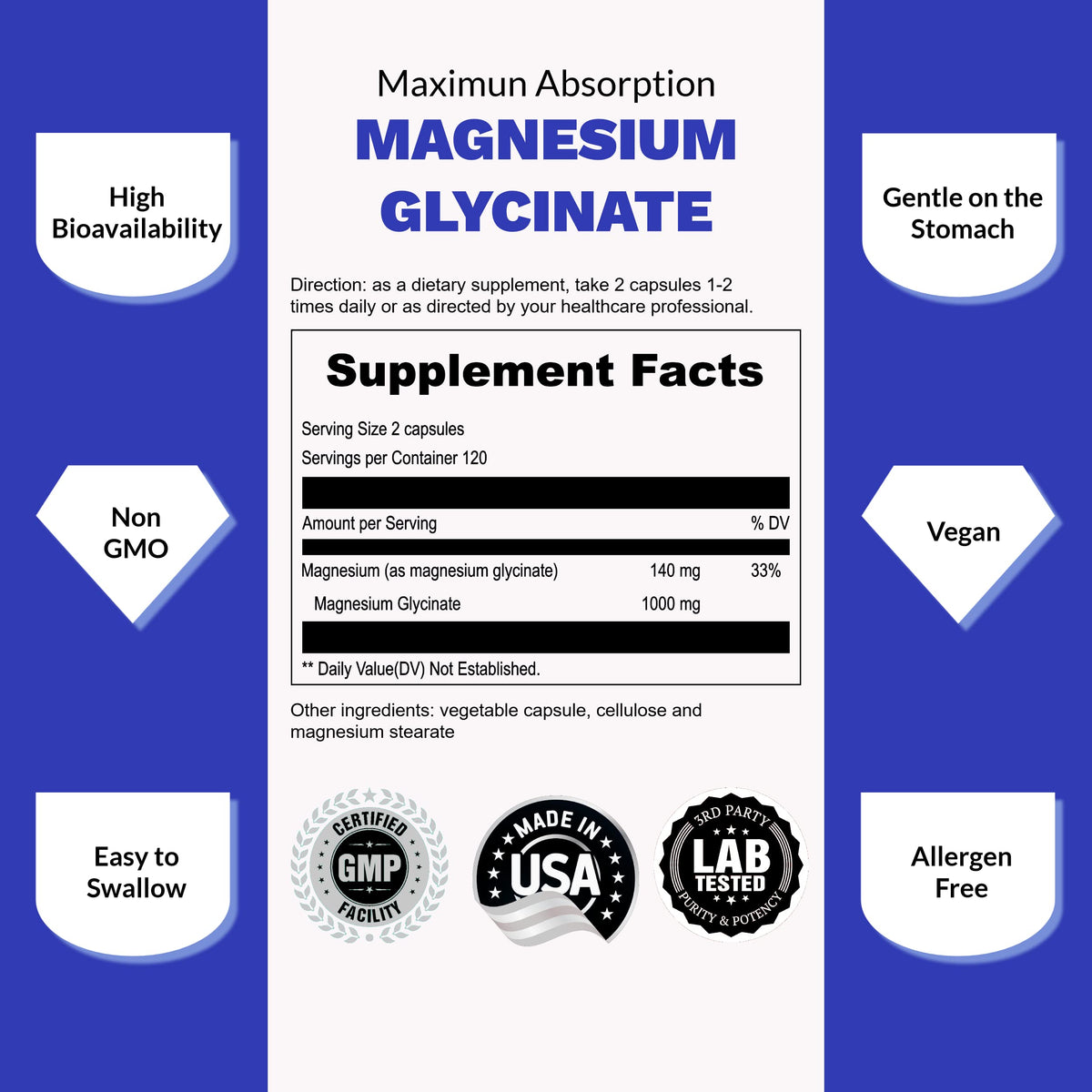 Détail des capsules de magnésium glycinate UpNourish