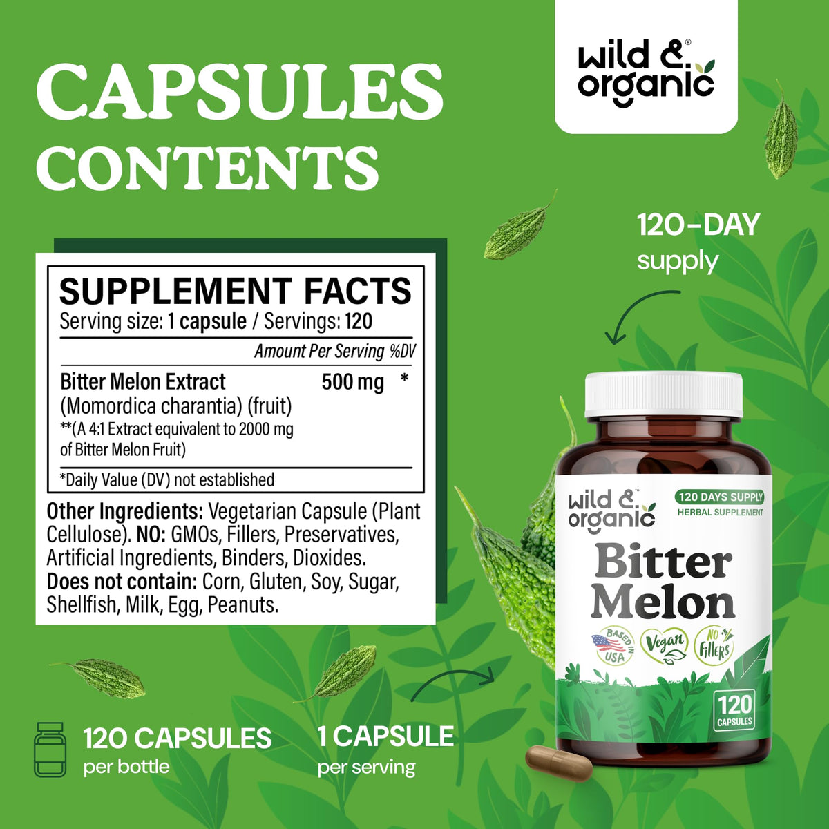 Détail des capsules de melon amer Wild & Organic, format de 500 mg