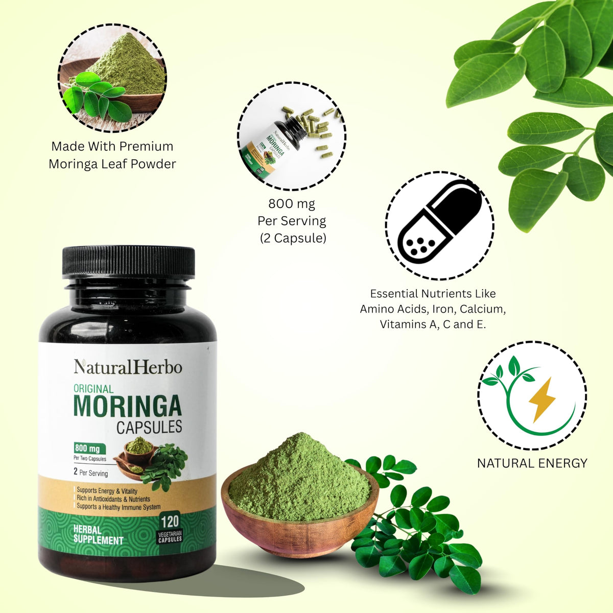 Détail des capsules de Moringa Pur NaturalHerbo