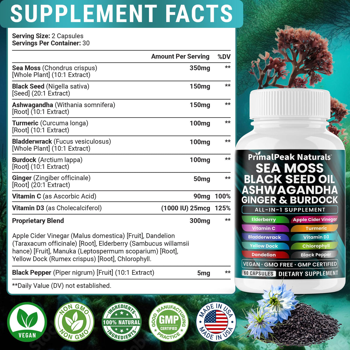 Détail des capsules de Mousse de Mer et Huile de Graines Noires PrimalPeak Naturals