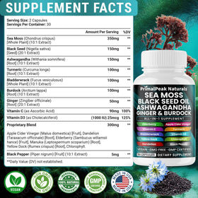 Détail des capsules de Mousse de Mer et Huile de Graines Noires PrimalPeak Naturals