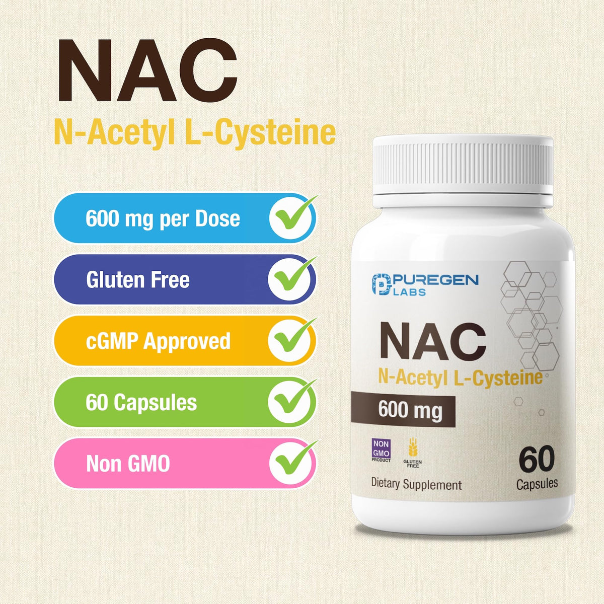 Détail des capsules de N-Acetyl-L-Cystéine de P Puregen Labs