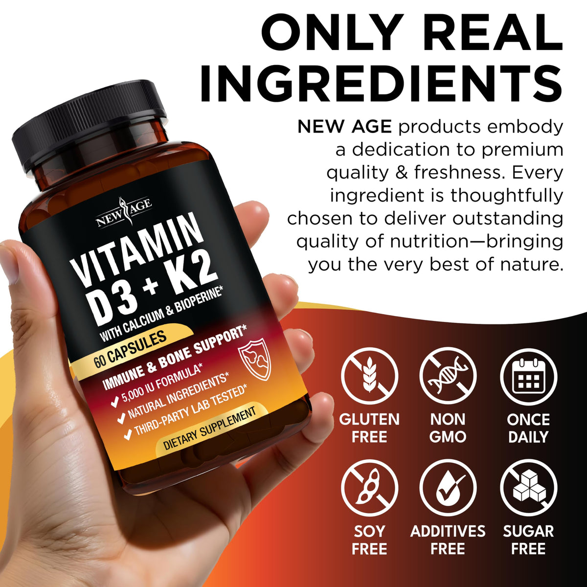Détail des capsules de NEW AGE Vitamine D3 5 000 UI + K2 MK-7