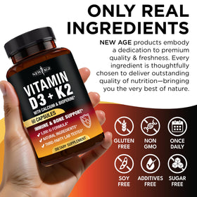 Détail des capsules de NEW AGE Vitamine D3 5 000 UI + K2 MK-7