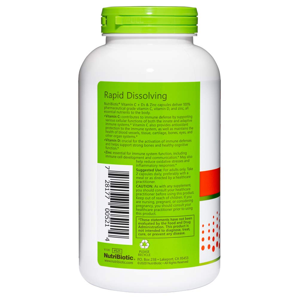 Détail des capsules de NutriBiotic Vitamine C + D3 & Zinc