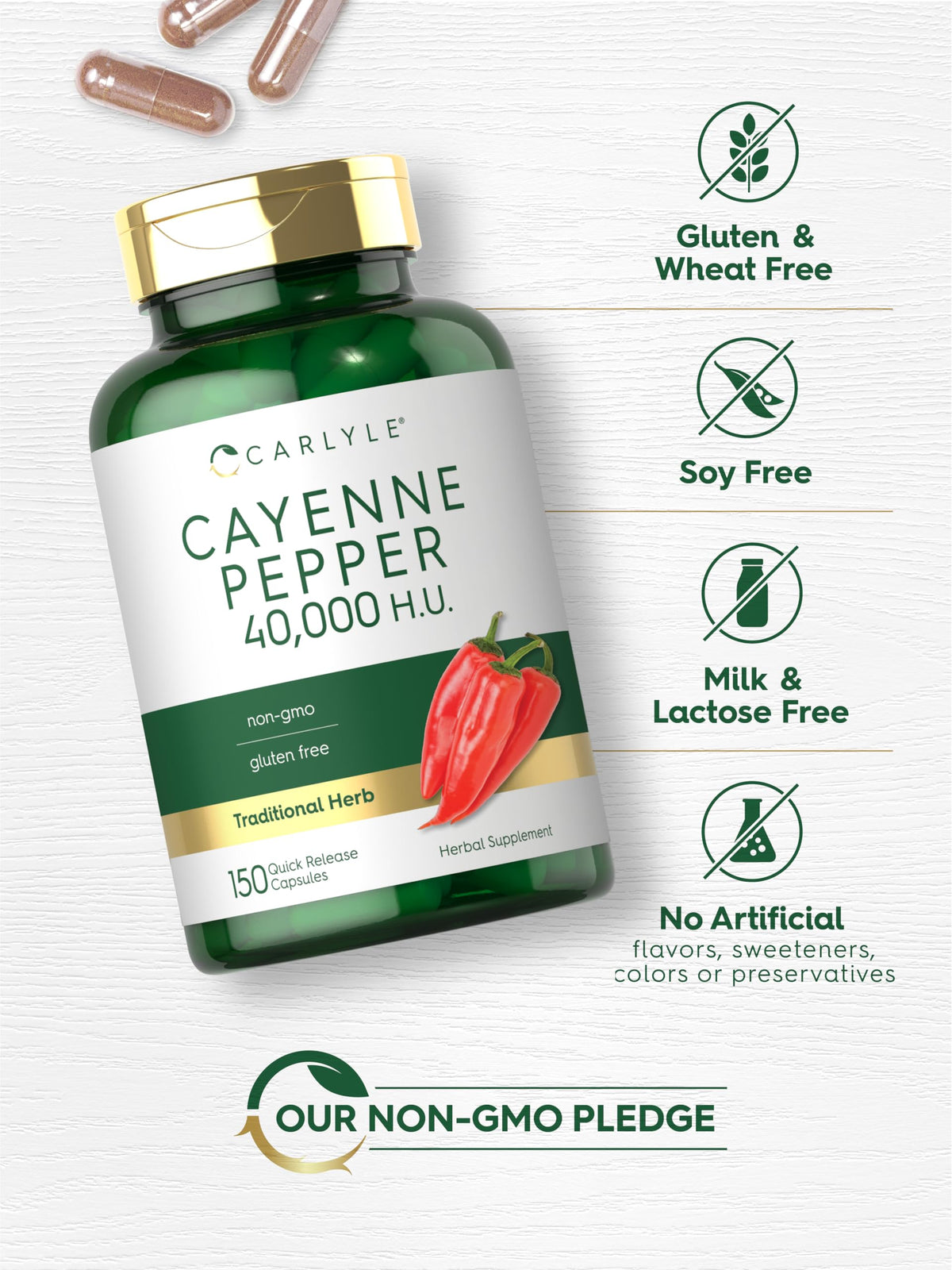 Détail des capsules de poivre de cayenne Carlyle montrant la taille