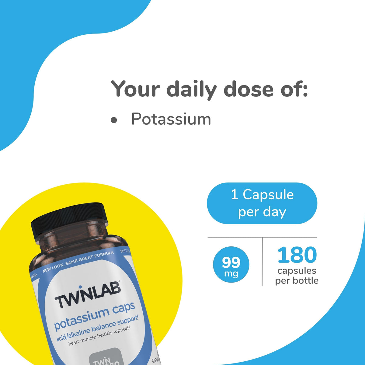 Détail des capsules de potassium Twinlab, couleur et forme