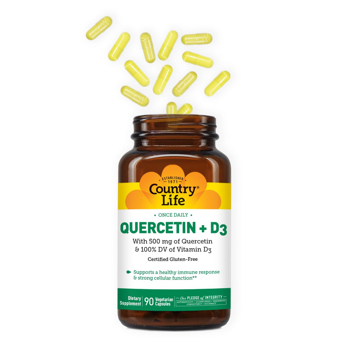 Détail des capsules de Quercetine 500mg sur une table