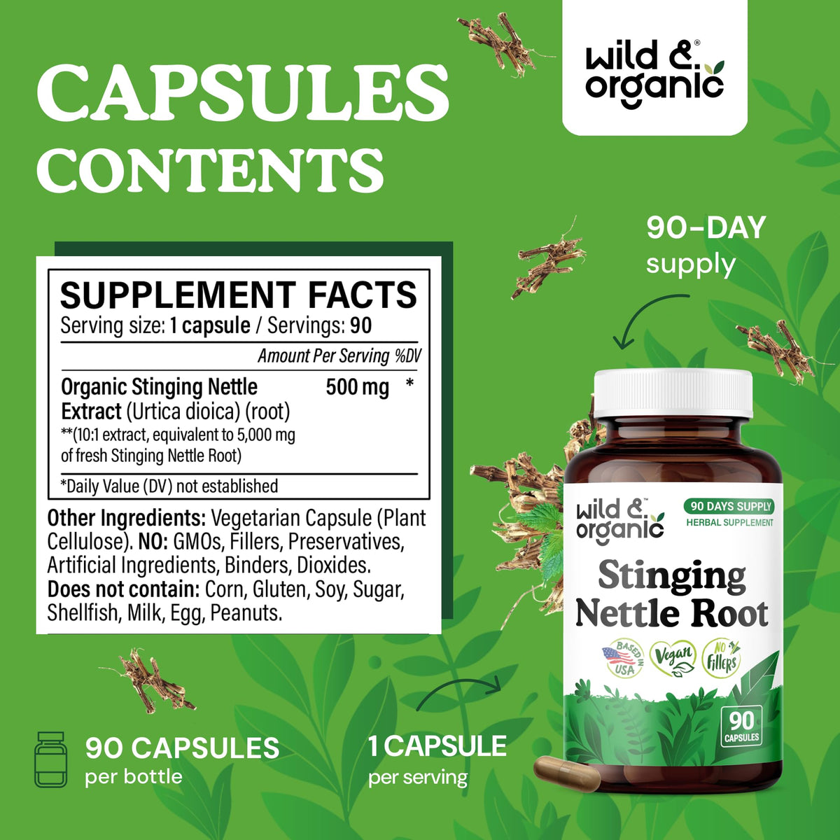 Détail des capsules de racine d'ortie Wild & Organic avec étiquette