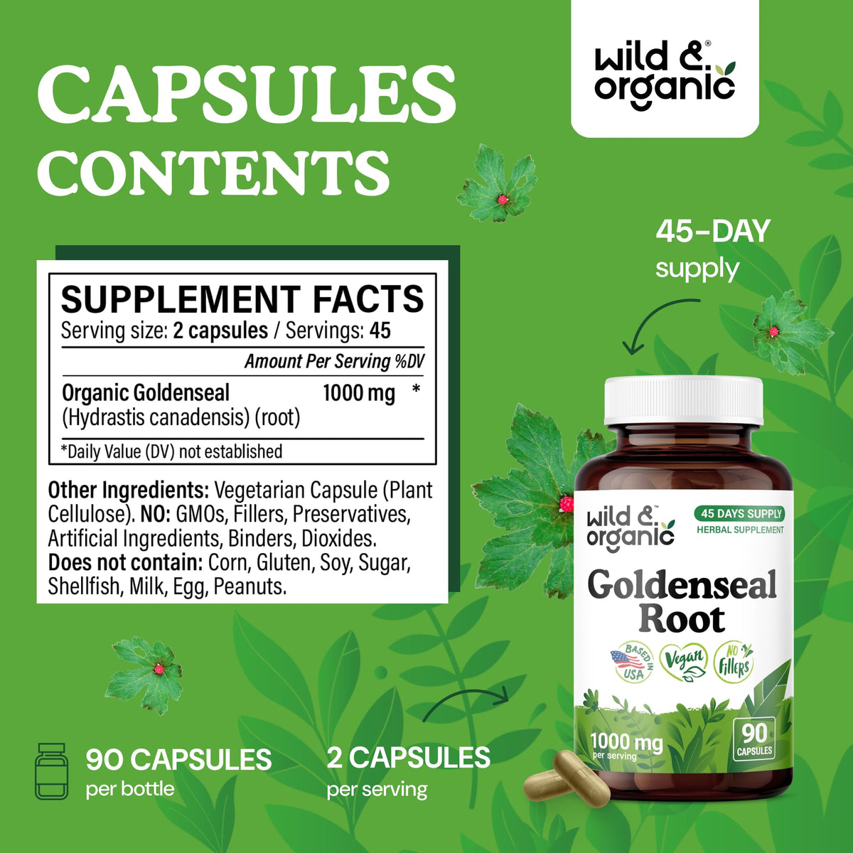 Détail des capsules de racine de goldenseal Wild & Organic