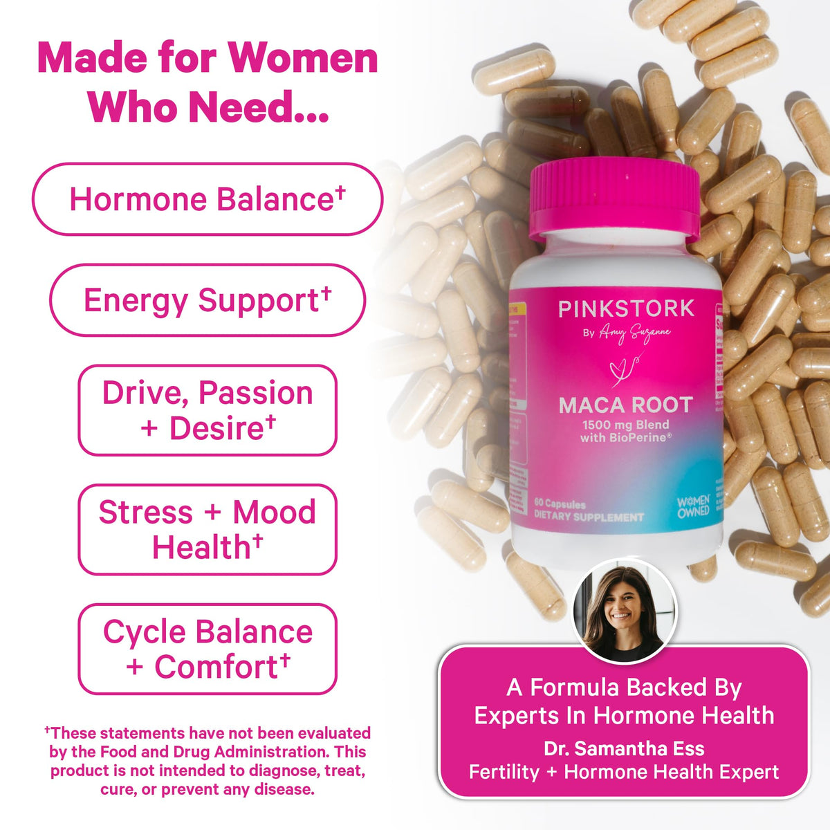 Détail des capsules de racine de maca bio Pink Stork, couleur des capsules