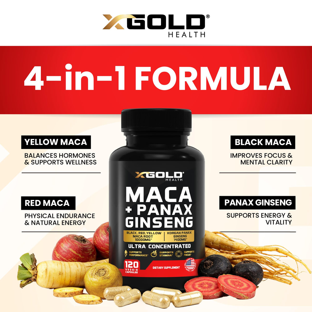 Détail des capsules de racine de maca et ginseng coréen X Gold Health