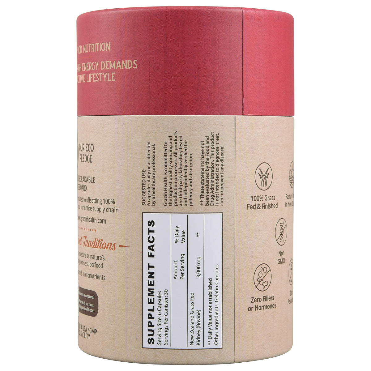 Détail des capsules de rein bovin GRAZIN HEALTH sur une table