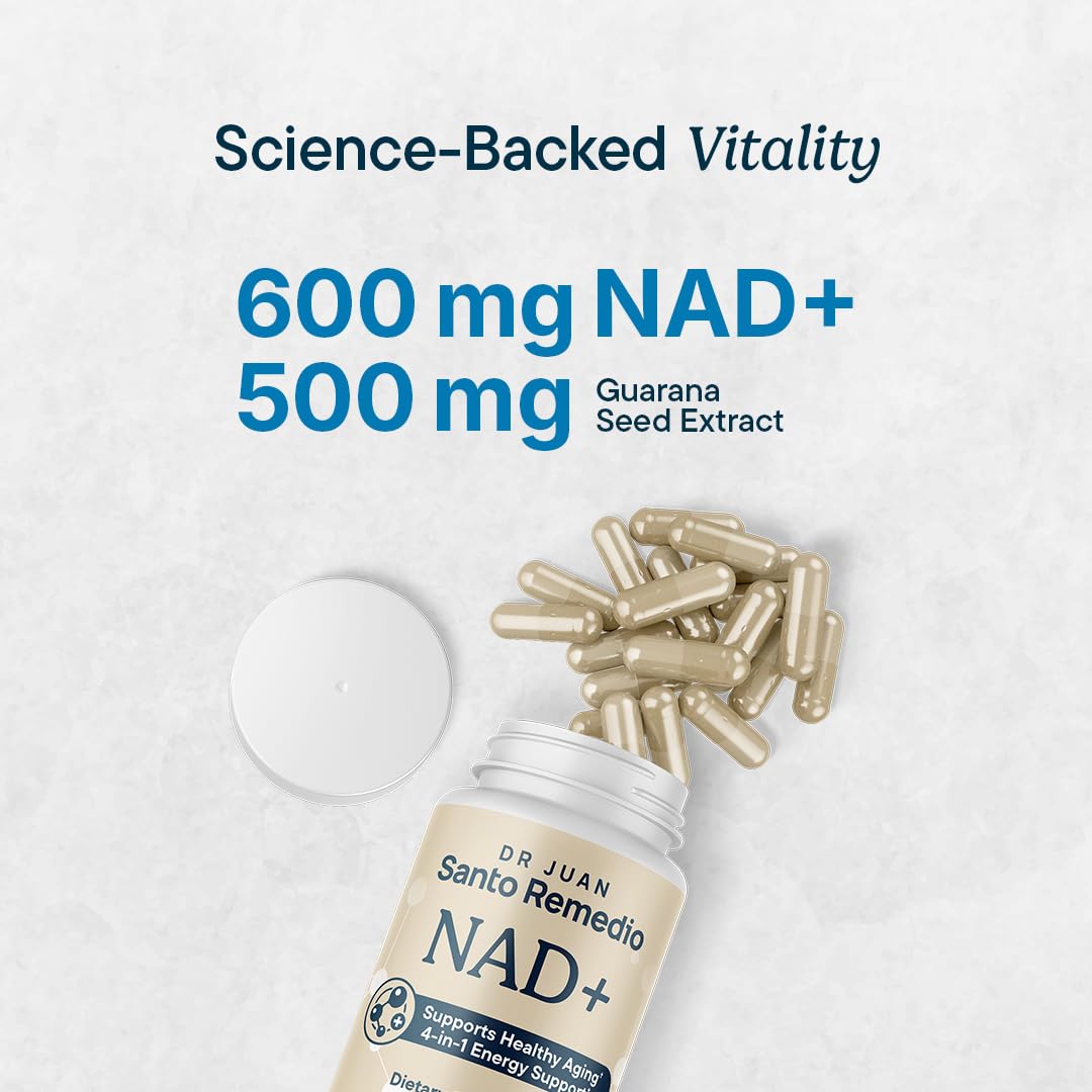Détail des capsules de Santo Remedio NAD+ sur fond blanc