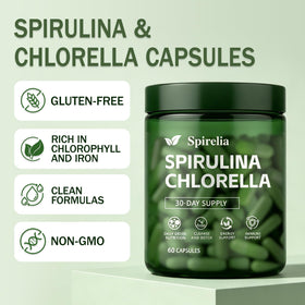 Détail des capsules de Spiruline et Chlorelle Enerra sur fond blanc