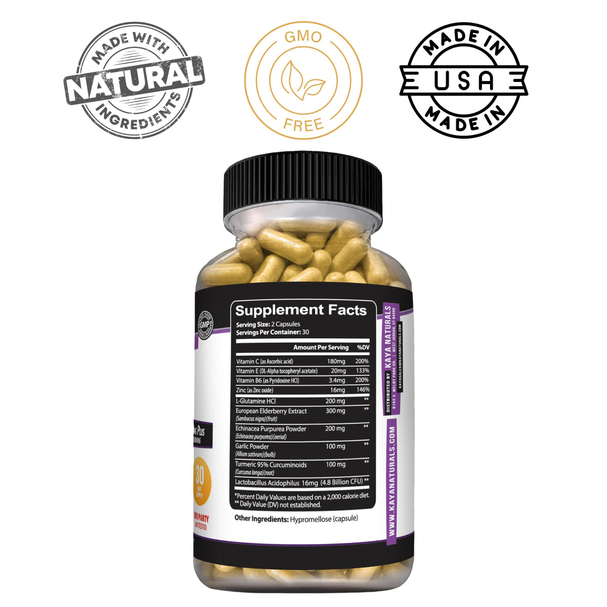 Détail des capsules de Sureau Kaya Naturals sur une surface blanche