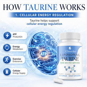 Détail des capsules de taurine de Clenoriko dans leur bouteille