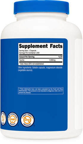 Détail des capsules de taurine Nutricost 1000mg