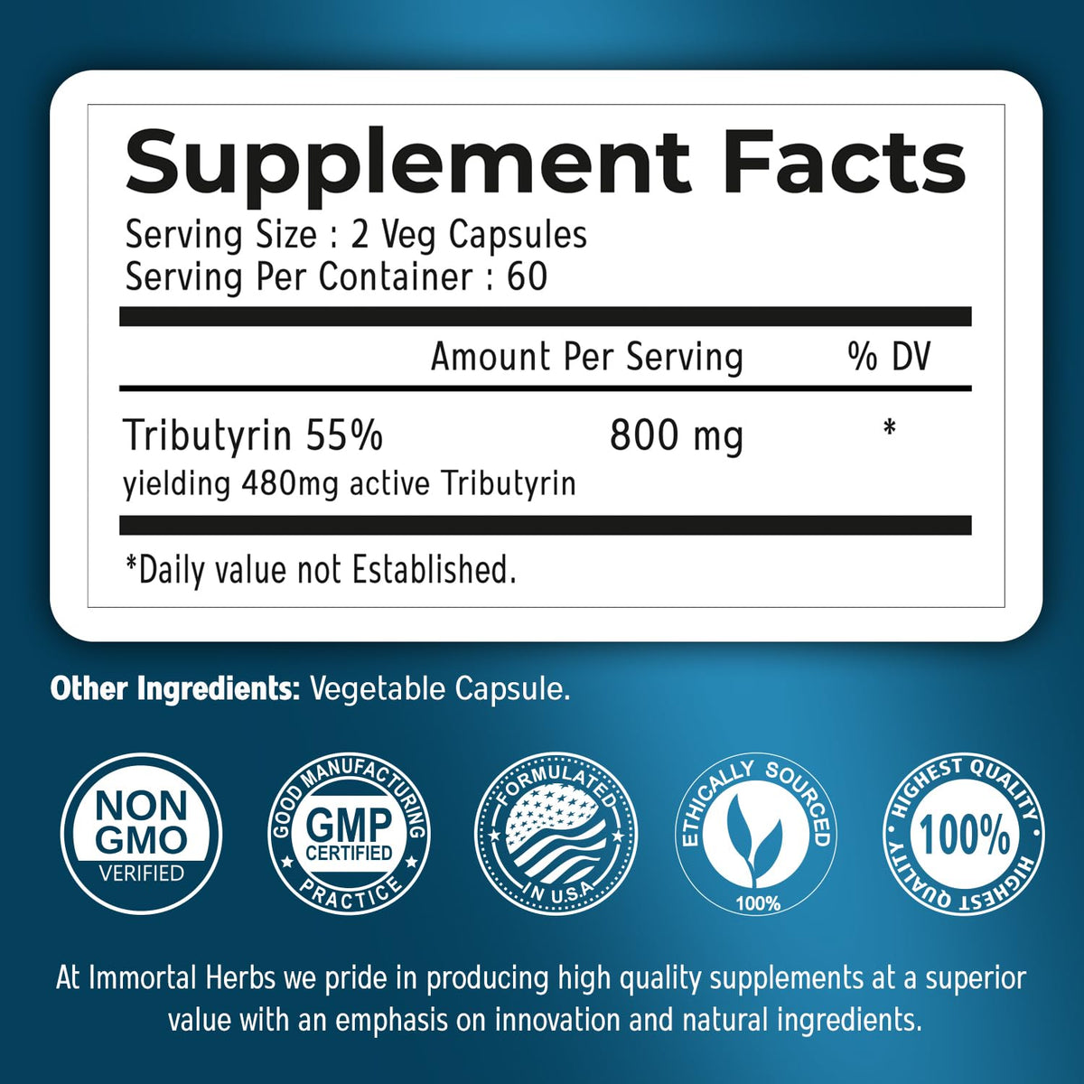 Détail des capsules de Tributyrine 800mg Immortal Herbs