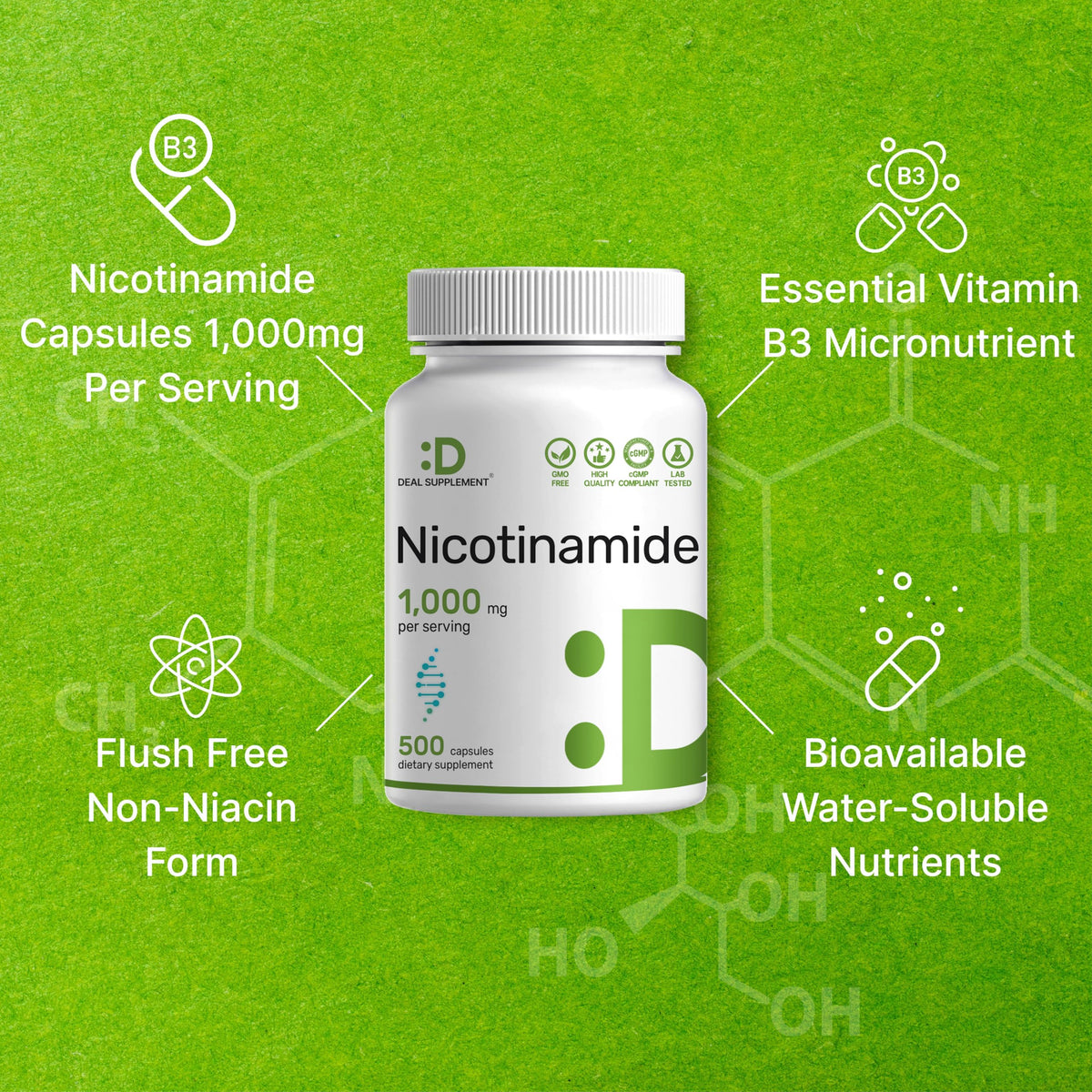 Détail des capsules de Vitamine B3 Nicotinamide 1000 mg