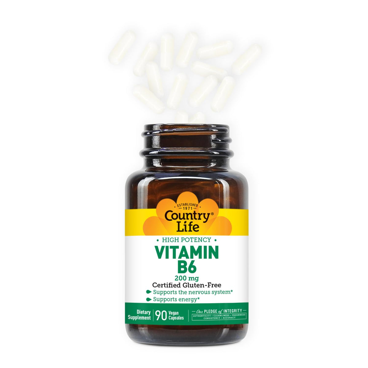 Détail des capsules de vitamine B6 Country Life sur une table