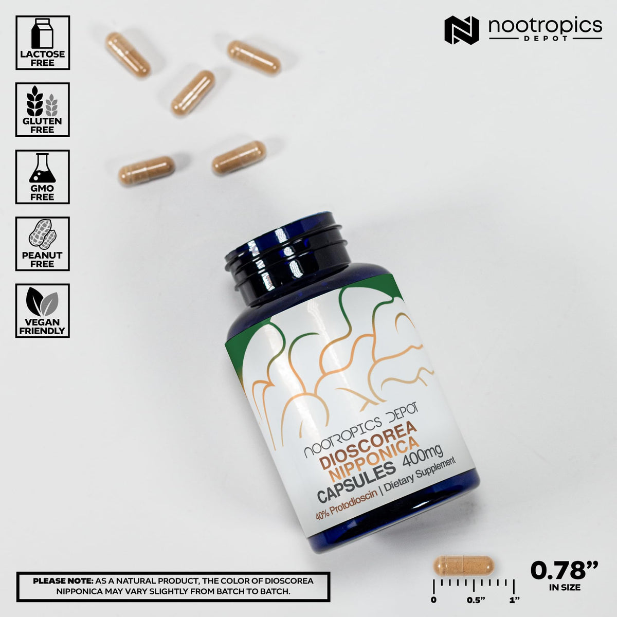 Détail des capsules Dioscorea Nipponica 400mg sur un fond blanc