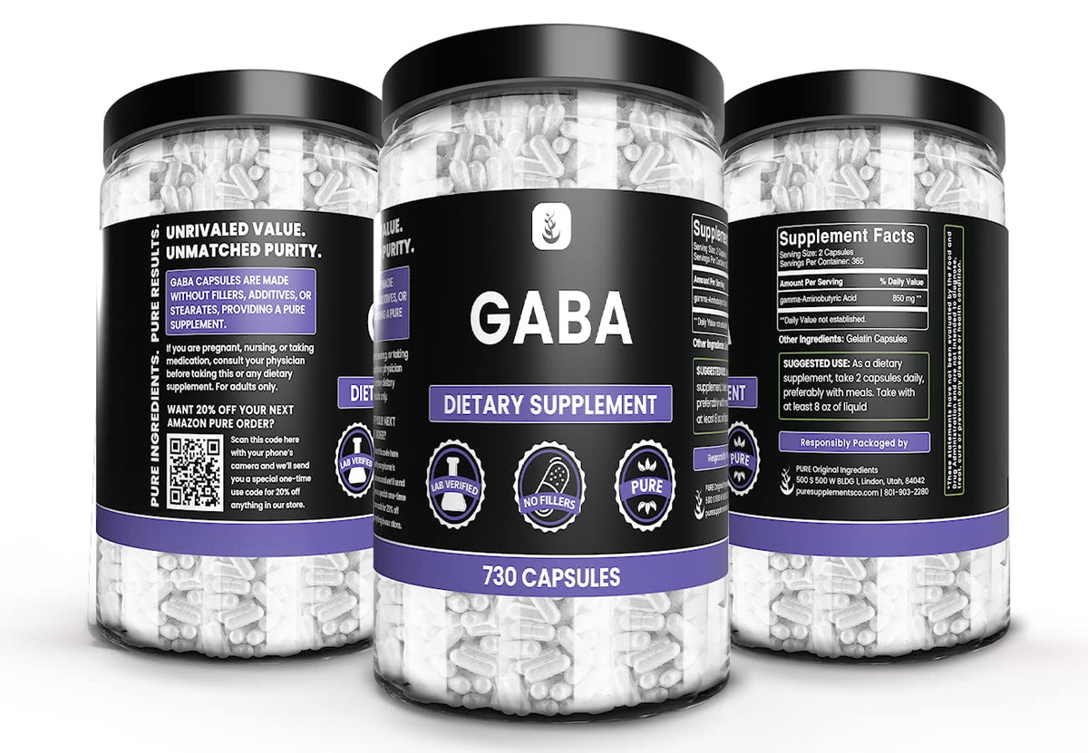 Détail des capsules GABA PURE ORIGINAL INGREDIENTS dans la bouteille