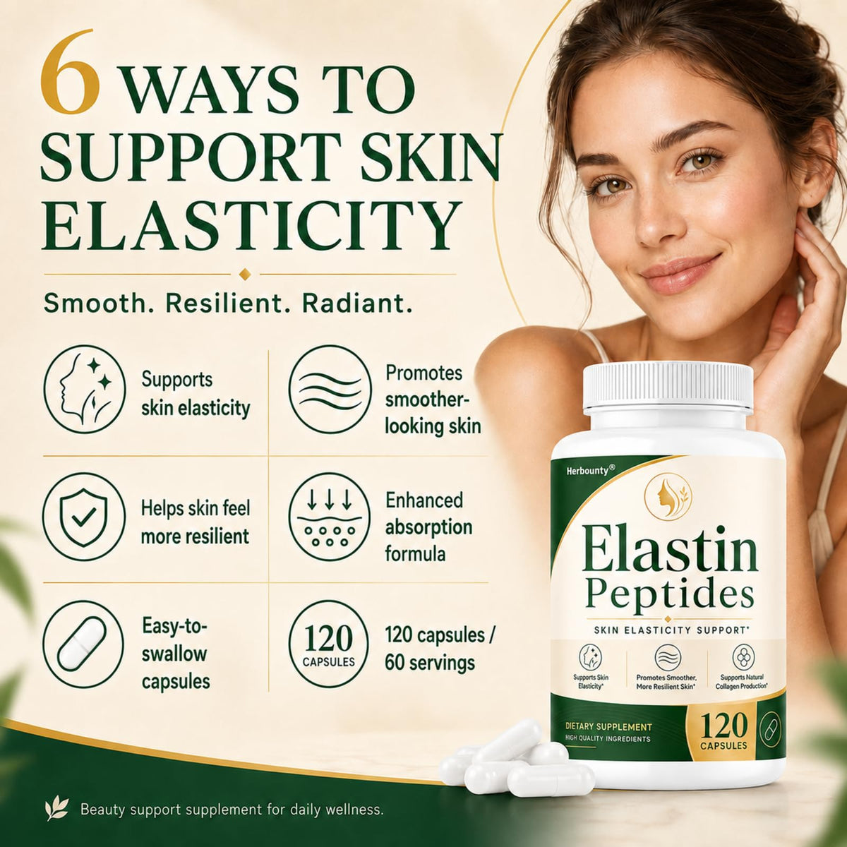 Détail des capsules Herbounty Elastine sur fond blanc
