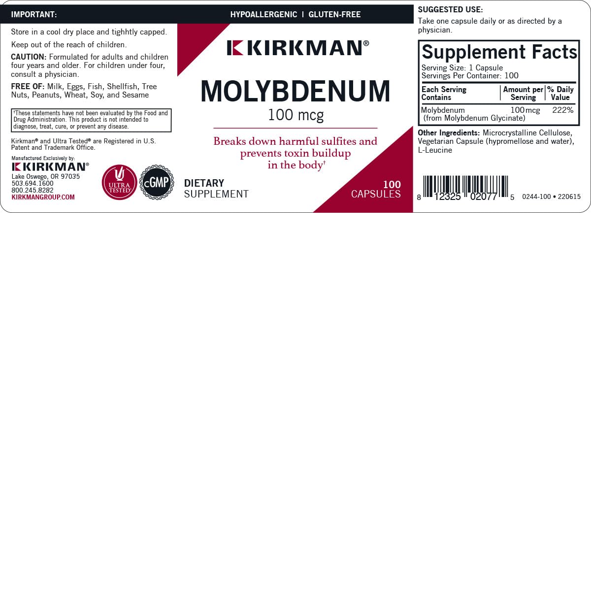 Détail des capsules Kirkman Molybdène 100 mcg