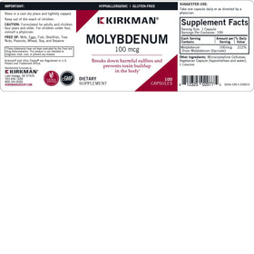 Détail des capsules Kirkman Molybdène 100 mcg