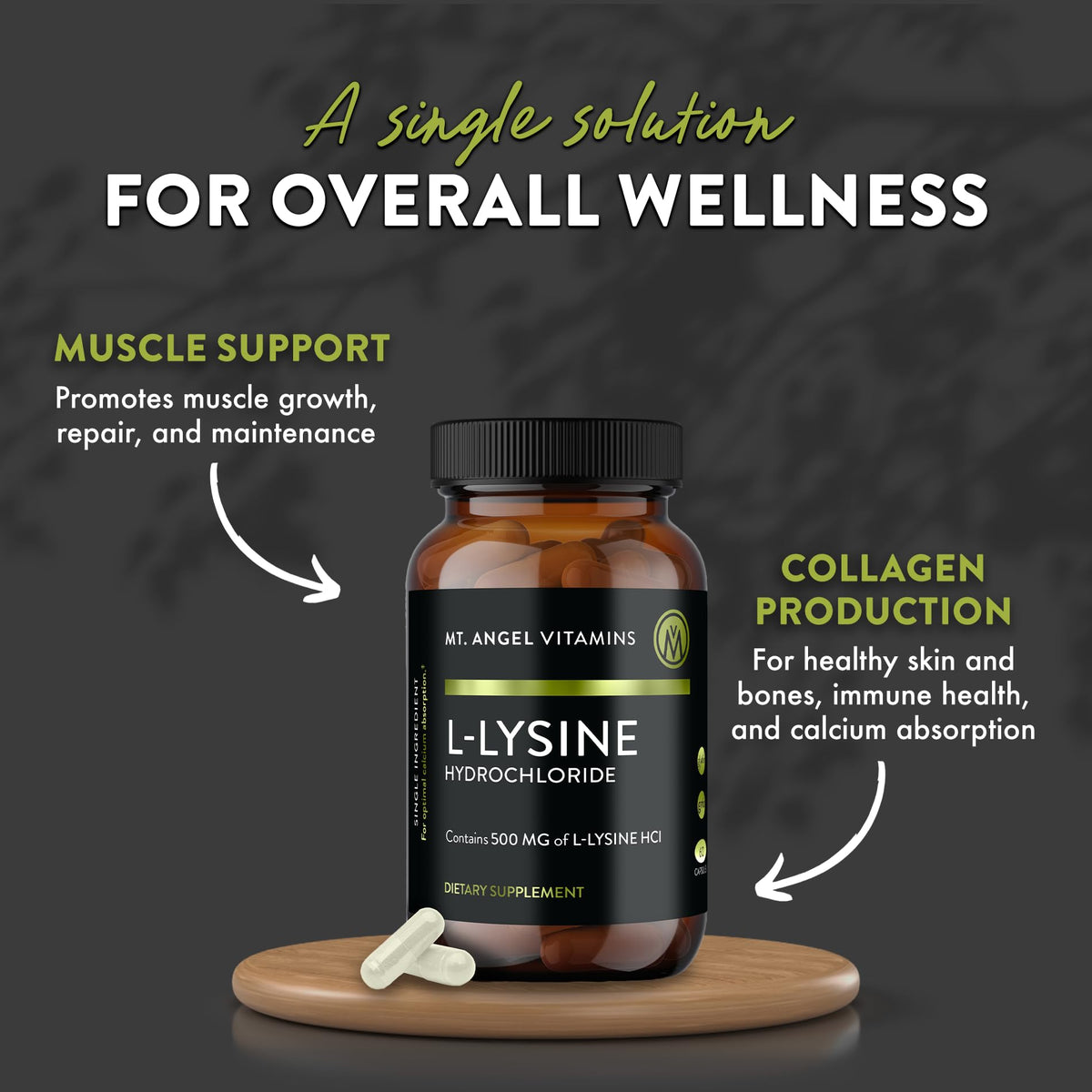 Détail des capsules L-Lysine 500mg de Mt. Angel Vitamins