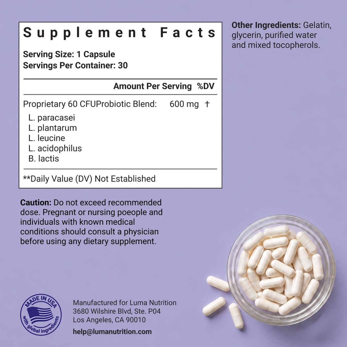 Détail des capsules Luma Nutrition Probiotiques