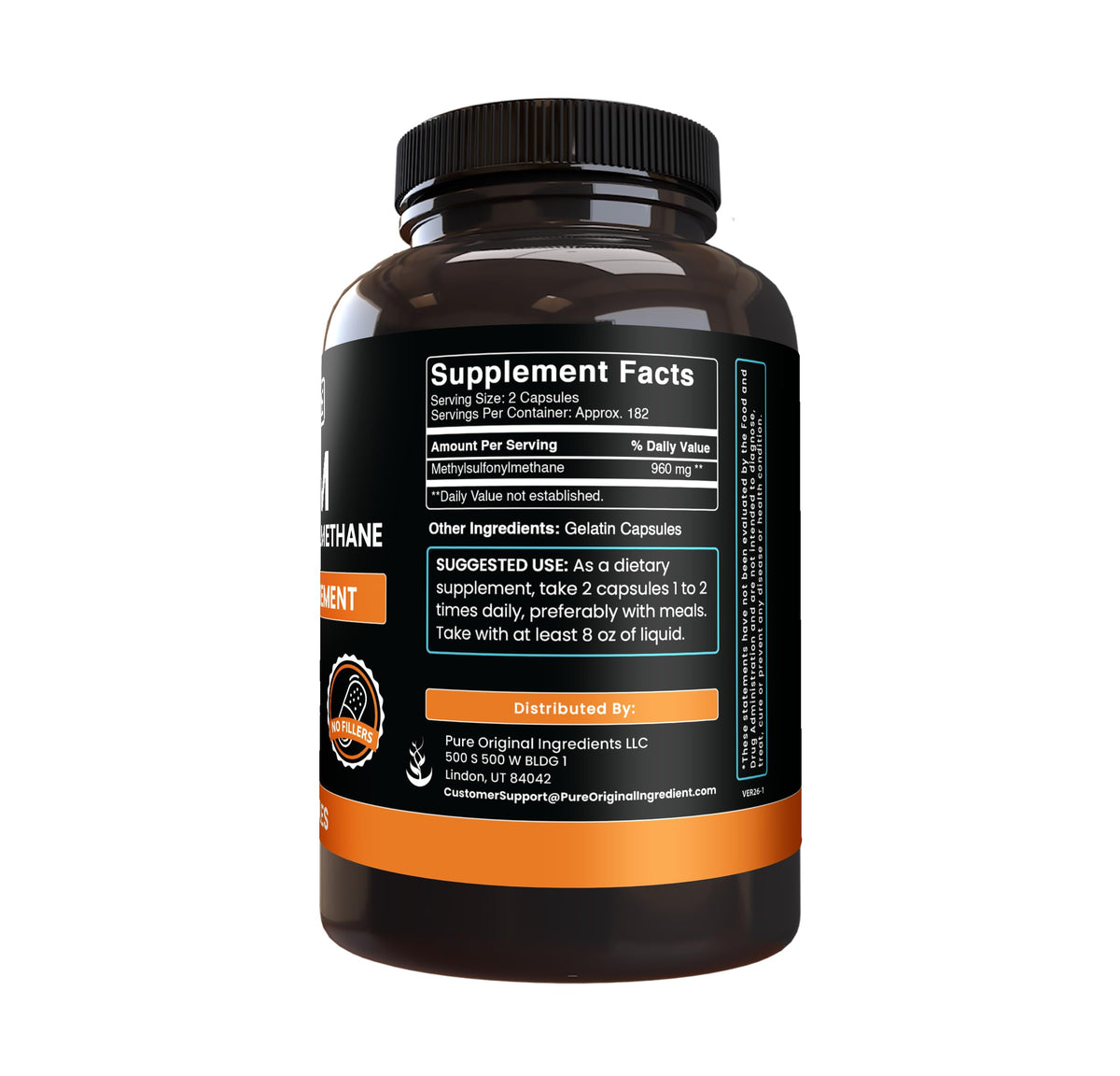 Détail des capsules MSM PURE ORIGINAL INGREDIENTS sur un fond blanc