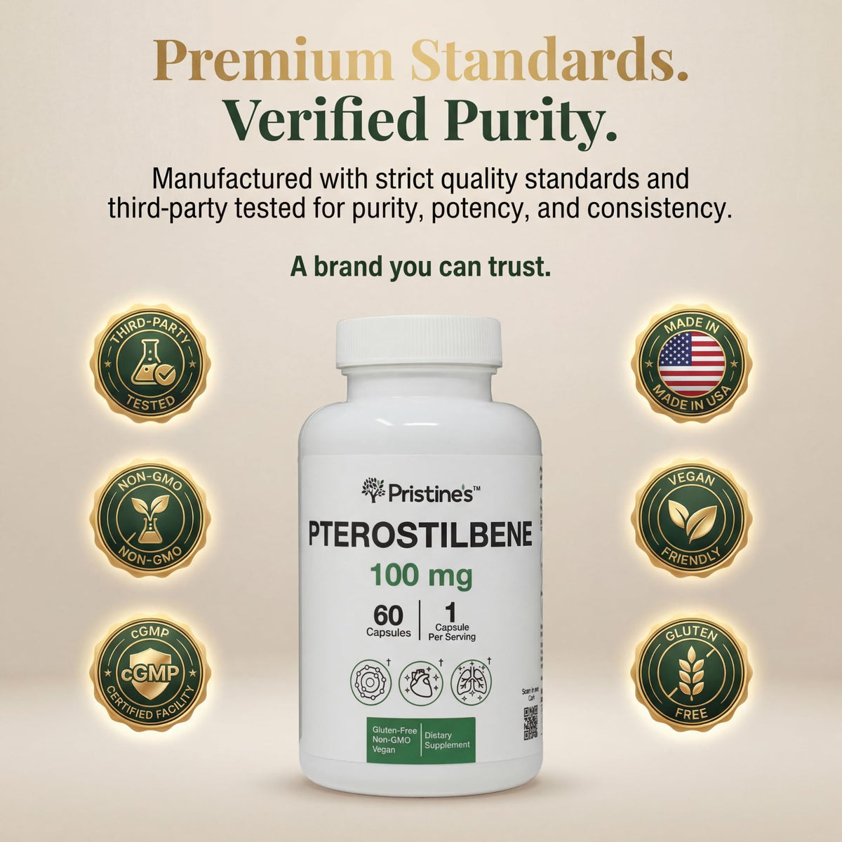 Détail des capsules PRISTINE'S Pterostilbene sur fond blanc