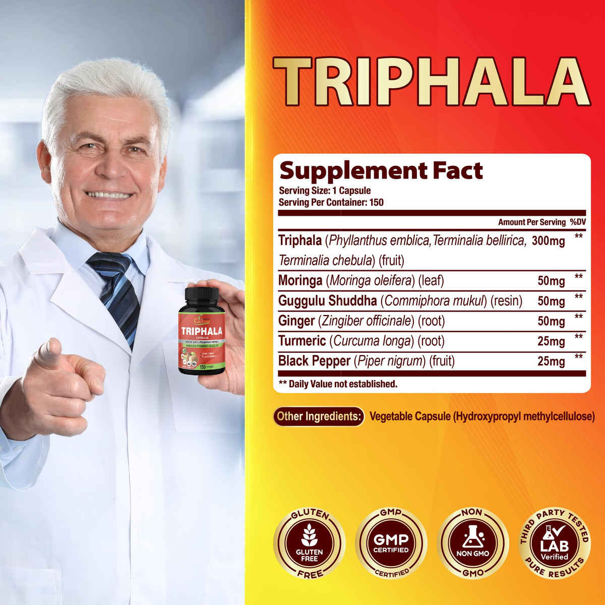 Détail des capsules Triphala Organic Cadane sur une table